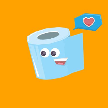 Turuncu arka planda izole edilmiş komik çizgi film tuvalet kağıdı karakteri. Gülen kawaii kağıt rulo karakteri