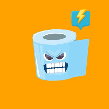 Turuncu arka planda izole edilmiş komik çizgi film tuvalet kağıdı karakteri. Gülen kawaii kağıt rulo karakteri