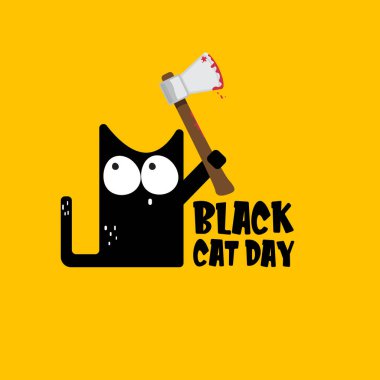 Turuncu arka planda kanlı balta tutan kara kedili kara kedi günü afişi. Kara Kedi Günü funky konsept çizimi