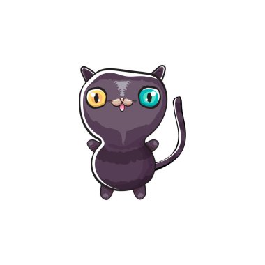 Beyaz arka planda izole edilmiş şirin siyah cadılar bayramı kedisi. Çizgi film mutlu siyah kedi yavrusu büyük gözlü.