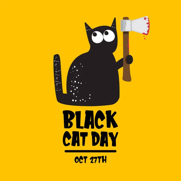 Banner funky dia gato preto com gato preto segurando machado sangrento isolado no fundo laranja. Gato preto dia conceito funky ilustração —  Vetores de Stock