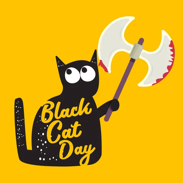 Banner funky dia gato preto com gato preto segurando machado sangrento isolado no fundo laranja. Gato preto dia conceito funky ilustração —  Vetores de Stock