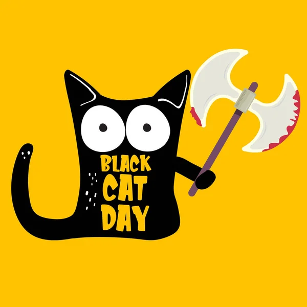 Svart katt dag funky banner med svart katt håller blodig yxa isolerad på orange bakgrund. Svart katt dag funky begrepp illustration — Stock vektor