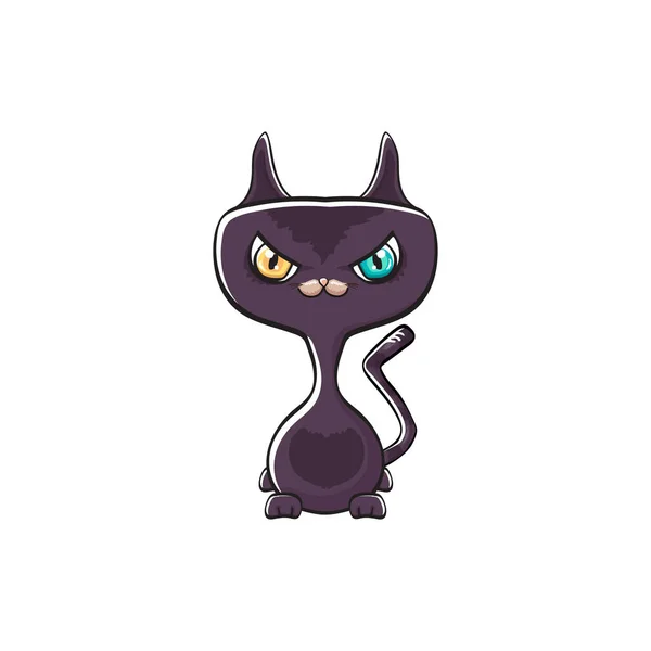 Kucing halloween hitam lucu terisolasi dengan latar belakang putih. Kartun bahagia penyihir hitam kucing dengan mata besar - Stok Vektor