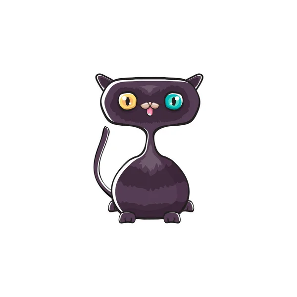 Söt svart halloween katt isolerad på vit bakgrund. Tecknad glad svart häxa kattunge med stora ögon — Stock vektor