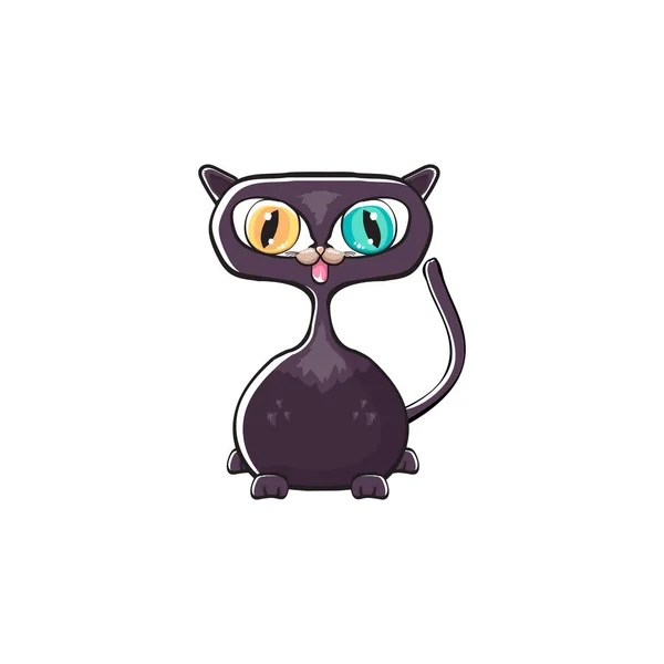 Söt svart halloween katt isolerad på vit bakgrund. Tecknad glad svart häxa kattunge med stora ögon — Stock vektor