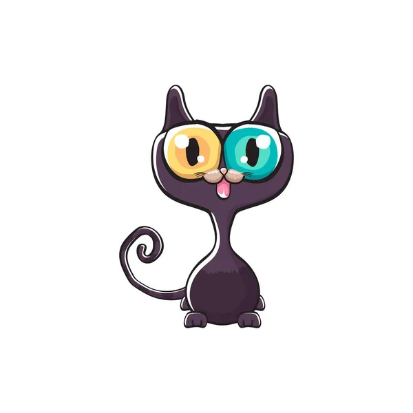 Bonito preto halloween gato isolado no fundo branco. Desenhos animados feliz preto bruxa gatinho com grandes olhos — Vetor de Stock