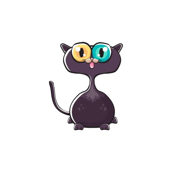 Bonito preto halloween gato isolado no fundo branco. Desenhos animados feliz preto bruxa gatinho com grandes olhos — Vetor de Stock