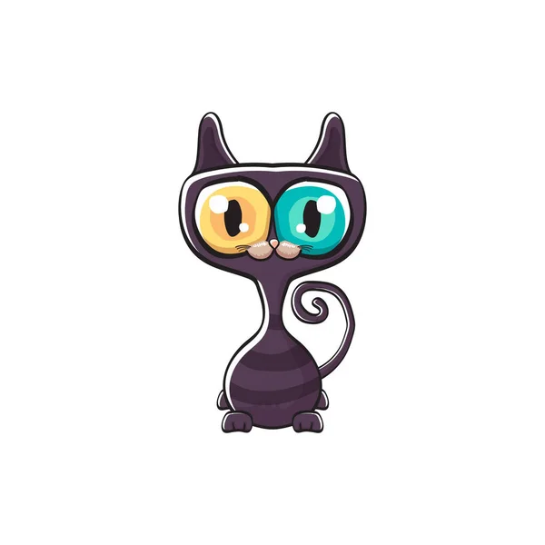 Carino gatto di Halloween nero isolato su sfondo bianco. Cartone animato felice strega nera gattino con grandi occhi — Vettoriale Stock
