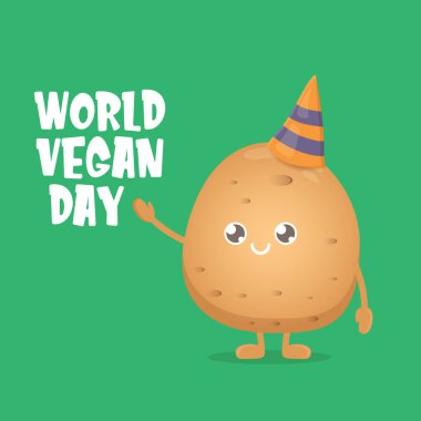 Dünya Vejetaryen Günü tebrik kartı yeşil arka planda izole edilmiş komik, kahverengi, gülümseyen minik patatesli. Vejetaryen bayrağı. sebze kokulu karakter