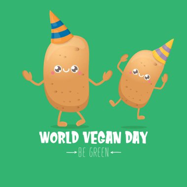 Dünya Vejetaryen Günü tebrik kartı yeşil arka planda izole edilmiş komik, kahverengi, gülümseyen minik patatesli. Vejetaryen bayrağı. sebze kokulu karakter