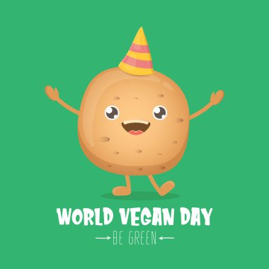 Dünya Vejetaryen Günü tebrik kartı yeşil arka planda izole edilmiş komik, kahverengi, gülümseyen minik patatesli. Vejetaryen bayrağı. sebze kokulu karakter
