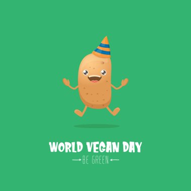 Dünya Vejetaryen Günü tebrik kartı yeşil arka planda izole edilmiş komik, kahverengi, gülümseyen minik patatesli. Vejetaryen bayrağı. sebze kokulu karakter