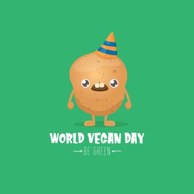 Dünya Vejetaryen Günü tebrik kartı yeşil arka planda izole edilmiş komik, kahverengi, gülümseyen minik patatesli. Vejetaryen bayrağı. sebze kokulu karakter