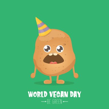Dünya Vejetaryen Günü tebrik kartı yeşil arka planda izole edilmiş komik, kahverengi, gülümseyen minik patatesli. Vejetaryen bayrağı. sebze kokulu karakter
