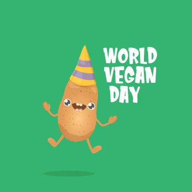 Dünya Vejetaryen Günü tebrik kartı yeşil arka planda izole edilmiş komik, kahverengi, gülümseyen minik patatesli. Vejetaryen bayrağı. sebze kokulu karakter