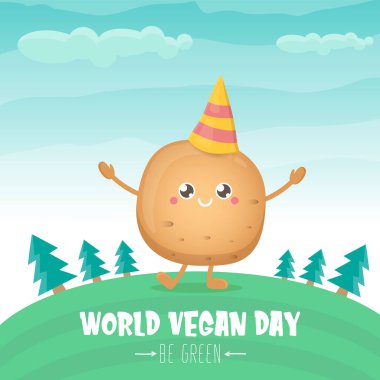 Yeşil yaz ormanı arka planında izole edilmiş komik komik kahverengi çizgi film gülümseyen minik patatesli dünya vejetaryen günü tebrik kartı. Vejetaryen bayrağı. sebze kokulu karakter