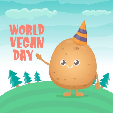 Yeşil yaz ormanı arka planında izole edilmiş komik komik kahverengi çizgi film gülümseyen minik patatesli dünya vejetaryen günü tebrik kartı. Vejetaryen bayrağı. sebze kokulu karakter