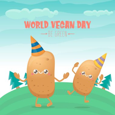 Yeşil yaz ormanı arka planında izole edilmiş komik komik kahverengi çizgi film gülümseyen minik patatesli dünya vejetaryen günü tebrik kartı. Vejetaryen bayrağı. sebze kokulu karakter