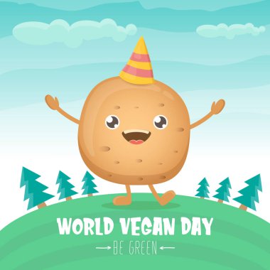 Yeşil yaz ormanı arka planında izole edilmiş komik komik kahverengi çizgi film gülümseyen minik patatesli dünya vejetaryen günü tebrik kartı. Vejetaryen bayrağı. sebze kokulu karakter