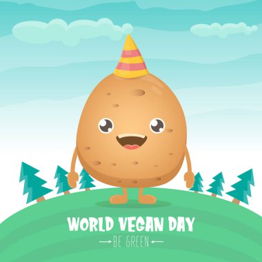 Yeşil yaz ormanı arka planında izole edilmiş komik komik kahverengi çizgi film gülümseyen minik patatesli dünya vejetaryen günü tebrik kartı. Vejetaryen bayrağı. sebze kokulu karakter