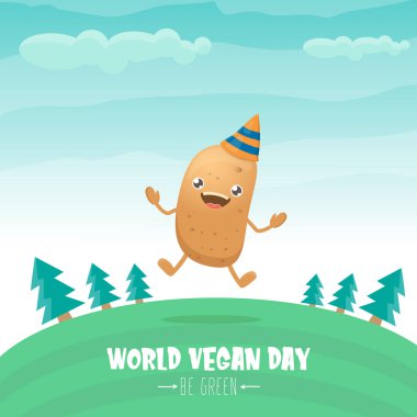Yeşil yaz ormanı arka planında izole edilmiş komik komik kahverengi çizgi film gülümseyen minik patatesli dünya vejetaryen günü tebrik kartı. Vejetaryen bayrağı. sebze kokulu karakter