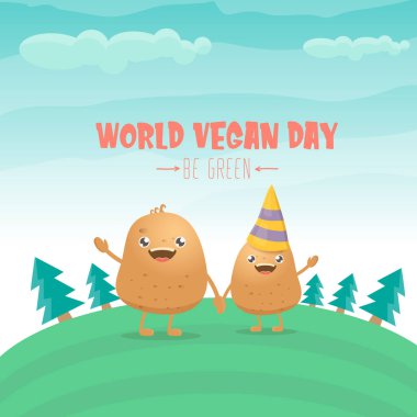 Yeşil yaz ormanı arka planında izole edilmiş komik komik kahverengi çizgi film gülümseyen minik patatesli dünya vejetaryen günü tebrik kartı. Vejetaryen bayrağı. sebze kokulu karakter