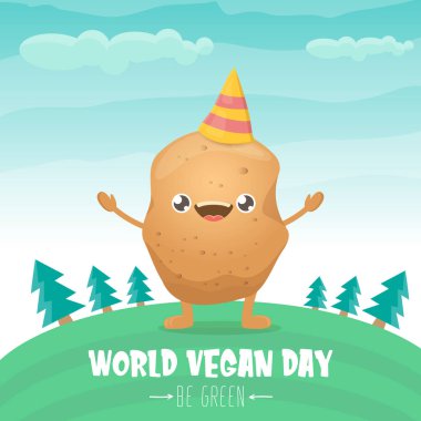 Yeşil yaz ormanı arka planında izole edilmiş komik komik kahverengi çizgi film gülümseyen minik patatesli dünya vejetaryen günü tebrik kartı. Vejetaryen bayrağı. sebze kokulu karakter