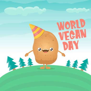 Yeşil yaz ormanı arka planında izole edilmiş komik komik kahverengi çizgi film gülümseyen minik patatesli dünya vejetaryen günü tebrik kartı. Vejetaryen bayrağı. sebze kokulu karakter