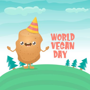 Yeşil yaz ormanı arka planında izole edilmiş komik komik kahverengi çizgi film gülümseyen minik patatesli dünya vejetaryen günü tebrik kartı. Vejetaryen bayrağı. sebze kokulu karakter