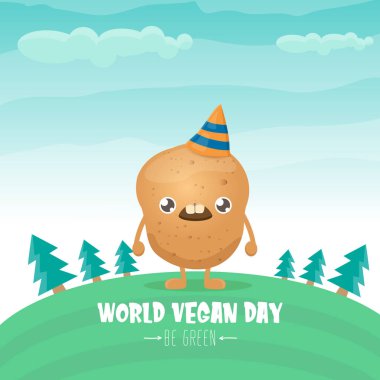 Yeşil yaz ormanı arka planında izole edilmiş komik komik kahverengi çizgi film gülümseyen minik patatesli dünya vejetaryen günü tebrik kartı. Vejetaryen bayrağı. sebze kokulu karakter