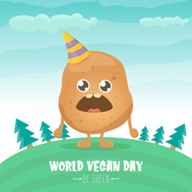 Yeşil yaz ormanı arka planında izole edilmiş komik komik kahverengi çizgi film gülümseyen minik patatesli dünya vejetaryen günü tebrik kartı. Vejetaryen bayrağı. sebze kokulu karakter