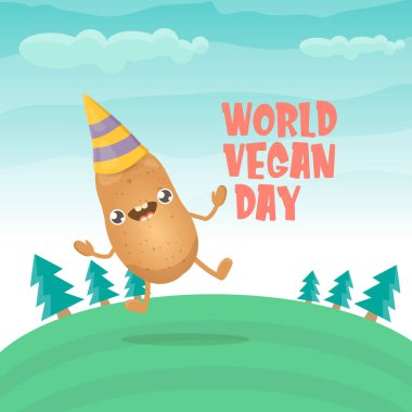 Yeşil yaz ormanı arka planında izole edilmiş komik komik kahverengi çizgi film gülümseyen minik patatesli dünya vejetaryen günü tebrik kartı. Vejetaryen bayrağı. sebze kokulu karakter