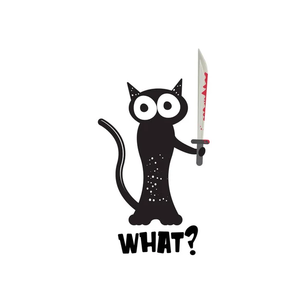 Svart katt som håller ninja katana kniv isolerad på vit bakgrund. Rolig Halloween svart katt med en blodig kniv. Halloween begrepp illustration — Stock vektor