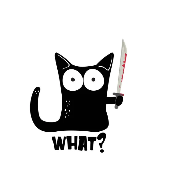 Gato preto segurando faca ninja katana isolado no fundo branco. Gato preto Halloween engraçado segurando uma faca sangrenta. ilustração conceito Halloween — Vetor de Stock