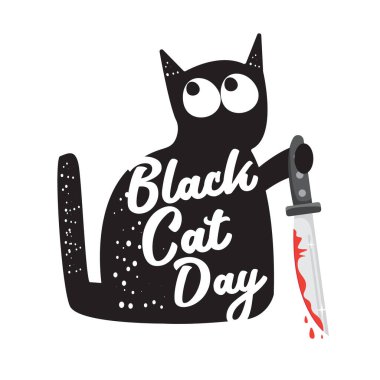 Siyah kedi günü pankartı, beyaz arka planda kanlı bıçak tutan siyah kedi. Kara Kedi Günü funky konsept çizimi