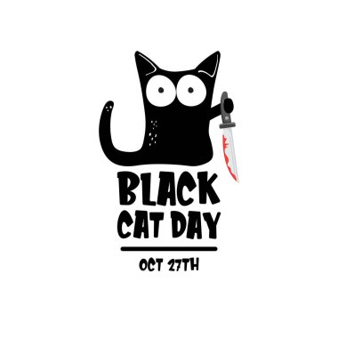 Siyah kedi günü pankartı, beyaz arka planda kanlı bıçak tutan siyah kedi. Kara Kedi Günü funky konsept çizimi
