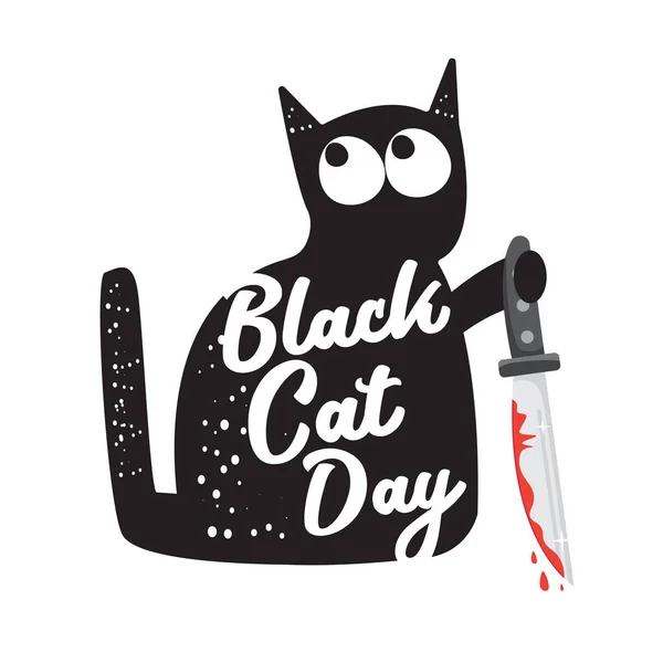 Banner funky dia gato preto com gato preto segurando faca sangrenta isolado no fundo branco. Gato preto dia conceito funky ilustração — Vetor de Stock