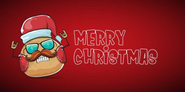 Vektör rock yıldızı Noel Baba komik çizgi film karakteri kırmızı Noel Baba şapkası ve kaligrafik mutlu noel mesajı ile kırmızı yatay arka planda izole edilmiş. Rock n roll Noel partisi afişi