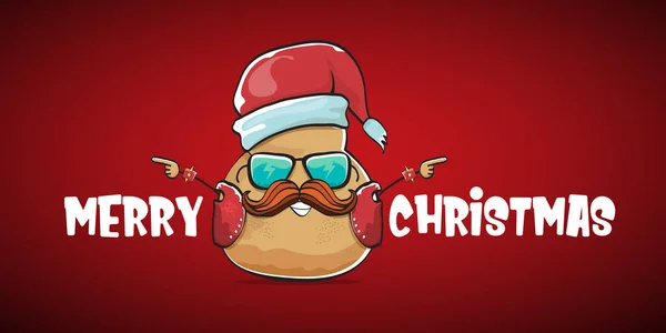 Vecteur rock star santa pomme de terre drôle personnage mignon de dessin animé avec chapeau santa rouge et texte calligraphique joyeux Noël isolé sur fond horizontal rouge. bannière de fête de Noël rock n roll — Image vectorielle