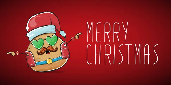 Vector rock star santa potato funny cartoon cute character with with red santa hat and calligraphic merry christmas text isolated on red horizontal background. rock n roll christmas party banner — Stock Vector