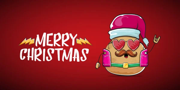 Векторная рок-звезда Санта-картофель смешной мультяшный персонаж с красной шляпой Санта-Клауса и каллиграфическим весёлым рождественским текстом, выделенным на красном горизонтальном фоне. Рок-н-ролл рождественский баннер — стоковый вектор