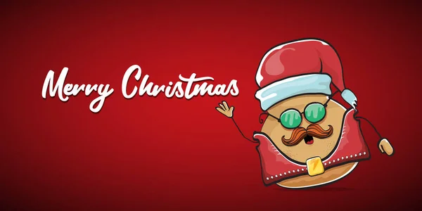 赤いサンタの帽子と赤い水平線の背景に隔離された書道メリークリスマステキストとベクトルロックスターサンタポテト面白い漫画かわいいキャラクター。ロックnロールクリスマスパーティーバナー — ストックベクタ