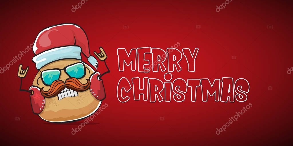 Vector rock star santa potato funny cartoon cute character with with red santa hat and merry christmas text isolated on red horizontal background. rock n roll christmas party banner