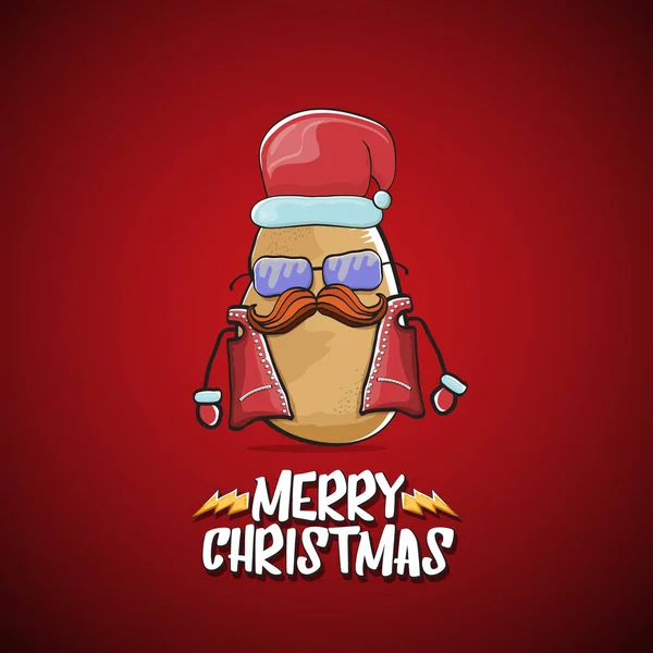 Vector rock estrela Papai Noel batata engraçado desenho animado personagem bonito com chapéu de Papai Noel vermelho e caligrafia alegre texto de Natal isolado no fundo vermelho. Rock n roll funky banner de festa de Natal — Vetor de Stock