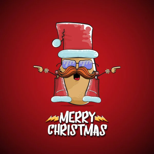Vektor Rockstar Weihnachtsmann Kartoffel lustige Cartoon niedliche Figur mit rotem Weihnachtsmütze und kalligrafische frohe Weihnachten Text isoliert auf dem roten Hintergrund. Rock n Roll funky Weihnachtsfeier Banner — Stockvektor