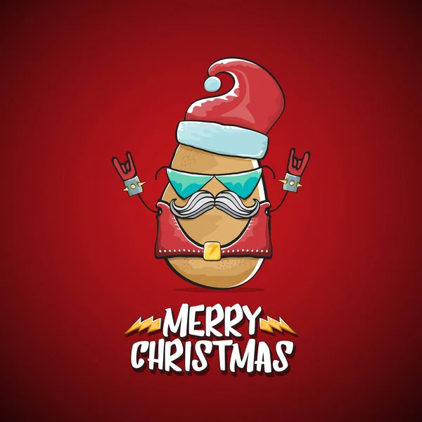 Vector rock star Santa Claus potato funny cartoon cute character with red Santa hat and calligraphic merry Christmas text isolated on the red background. Rock n roll funky Christmas party banner — Stock Vector