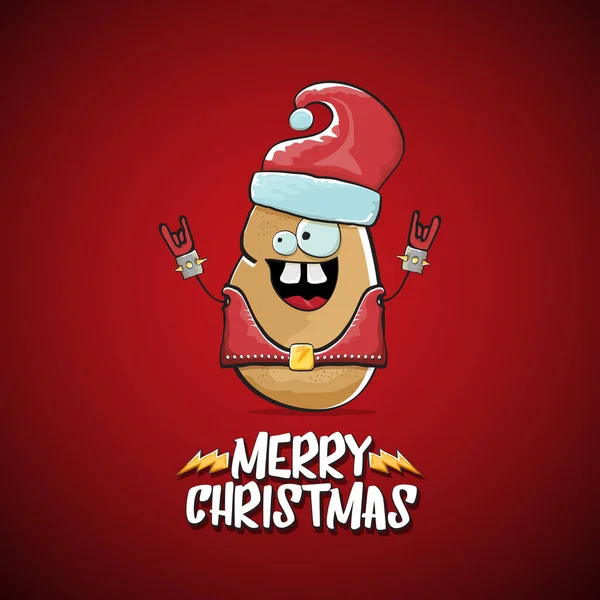 Vector rock estrela Papai Noel batata engraçado desenho animado personagem bonito com chapéu de Papai Noel vermelho e caligrafia alegre texto de Natal isolado no fundo vermelho. Rock n roll funky banner de festa de Natal — Vetor de Stock