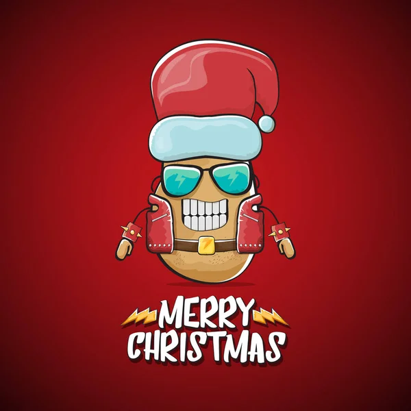 赤いサンタの帽子と赤い背景に隔離された書道陽気クリスマステキストとベクトルロックスターサンタクロースポテト面白い漫画かわいいキャラクター。ロックnロールファンキークリスマスパーティーバナー — ストックベクタ