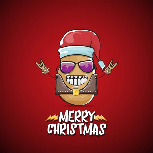 Vector rock estrela Papai Noel batata engraçado desenho animado personagem bonito com chapéu de Papai Noel vermelho e caligrafia alegre texto de Natal isolado no fundo vermelho. Rock n roll funky banner de festa de Natal — Vetor de Stock